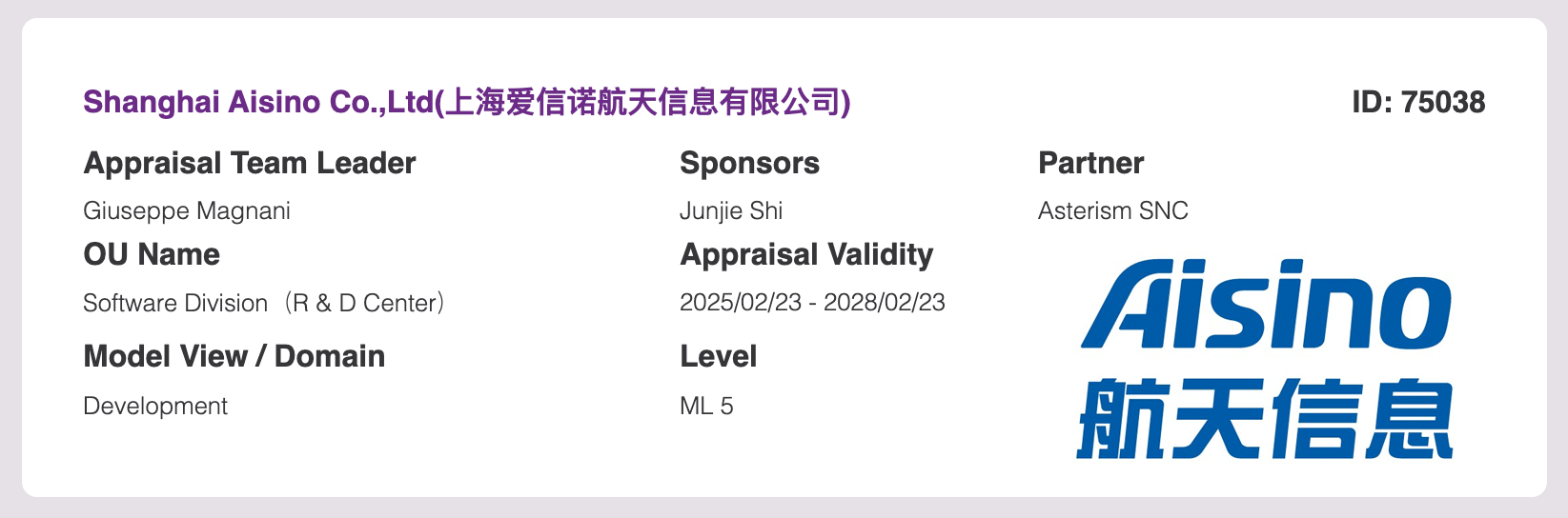 上海爱信诺航天信息 2 月荣耀蝉联 CMMI5 级认证