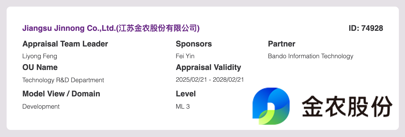 祝贺: 江苏金农股份有限公司再次通过CMMI3级认证