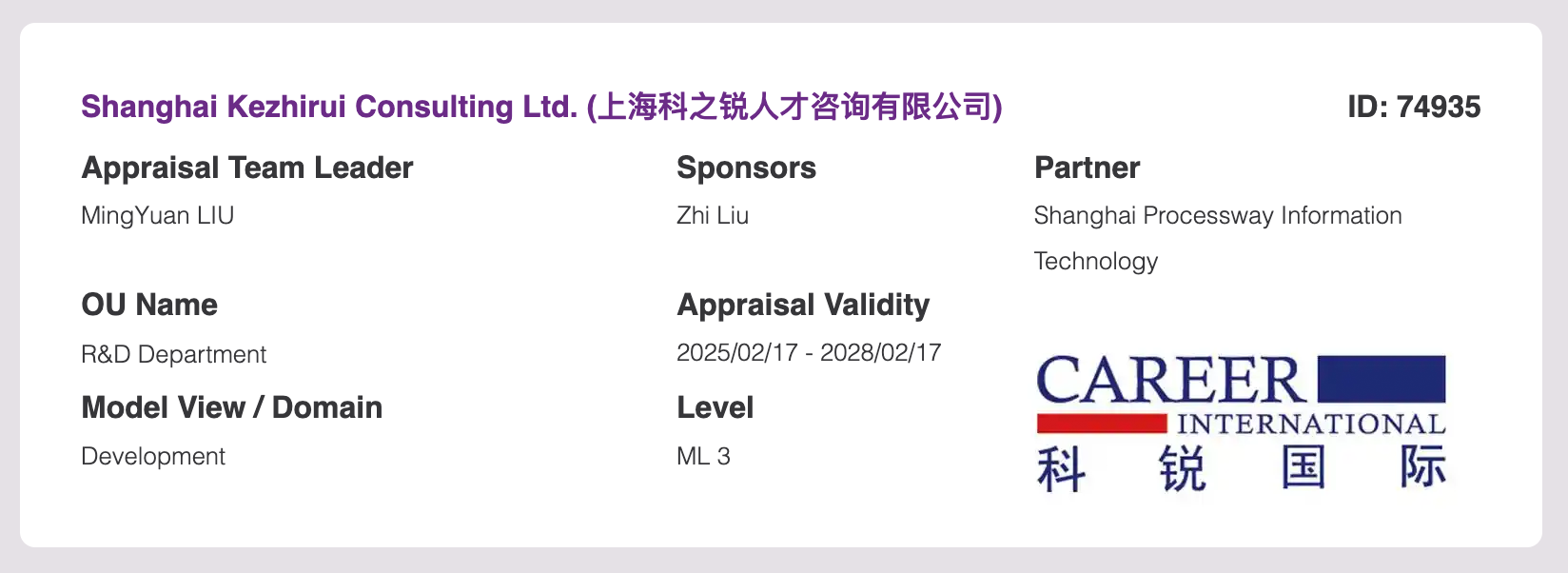 上海科之锐人才咨询公司再度通过CMMI3级认证
