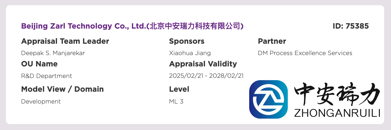 北京中安瑞力科技再获CMMI3级认证
